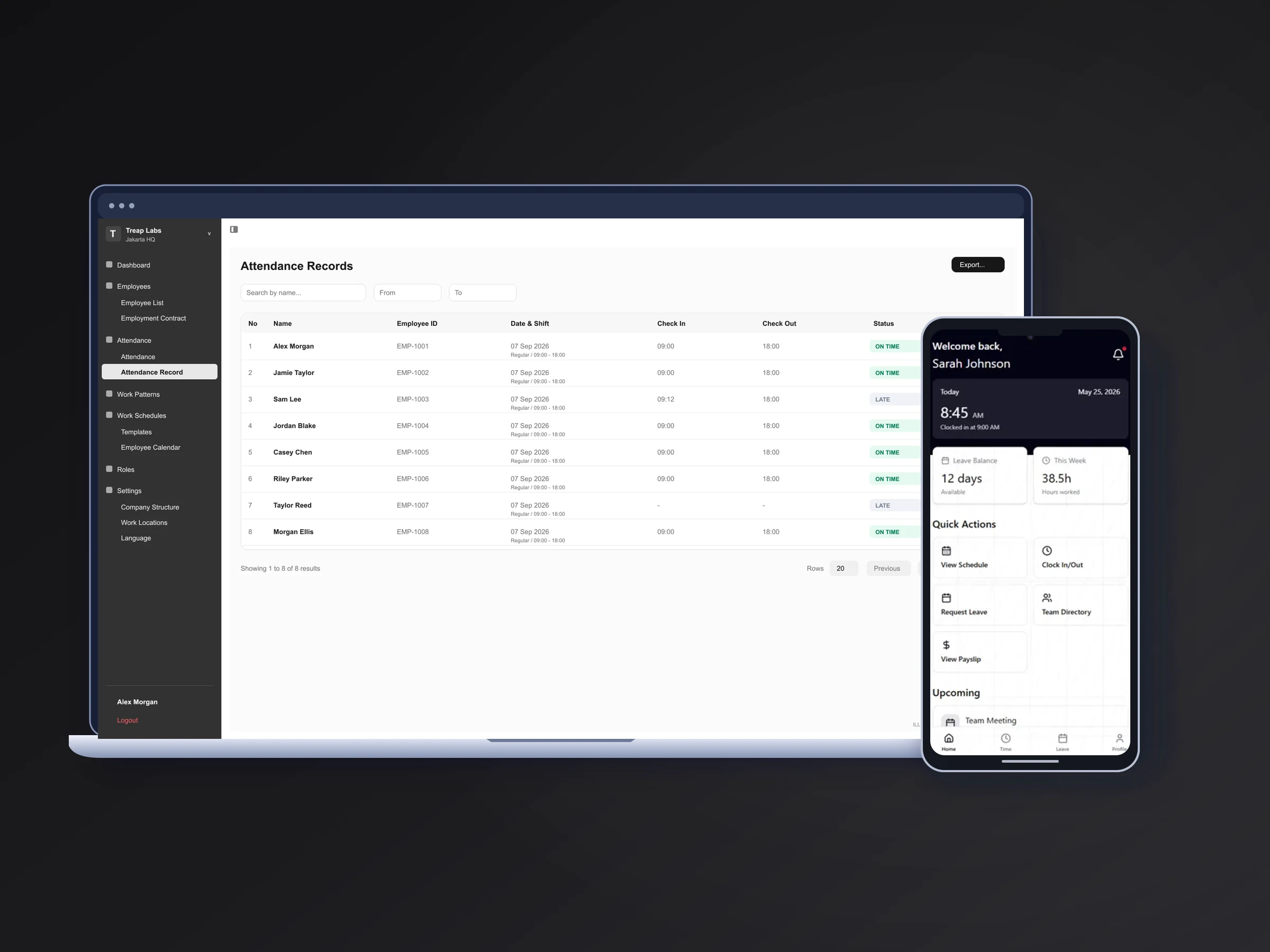 Ilustrasi dashboard kehadiran desktop dan mockup aplikasi mobile Ikigawe HRIS dengan data demo
